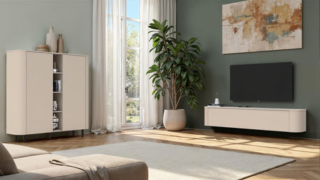 Palermo 150cm 2 Door Curved Tall Sideboard with Bookshelf - Cashmere - FurniComp