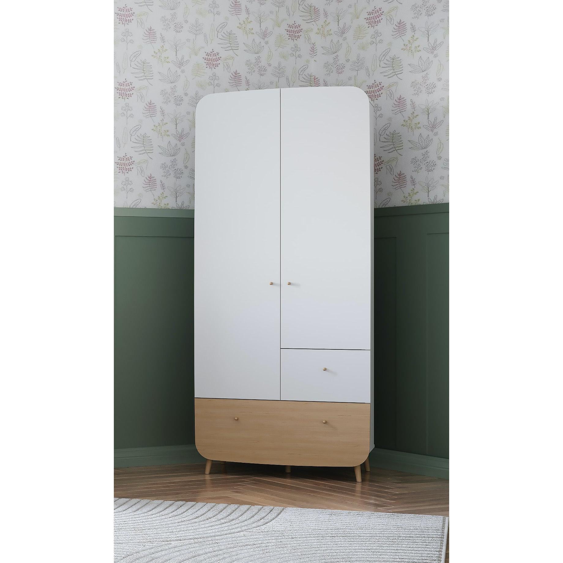 Poppy 2 Door 2 Drawer Kids Wardrobe- Matt White & Oak - FurniComp