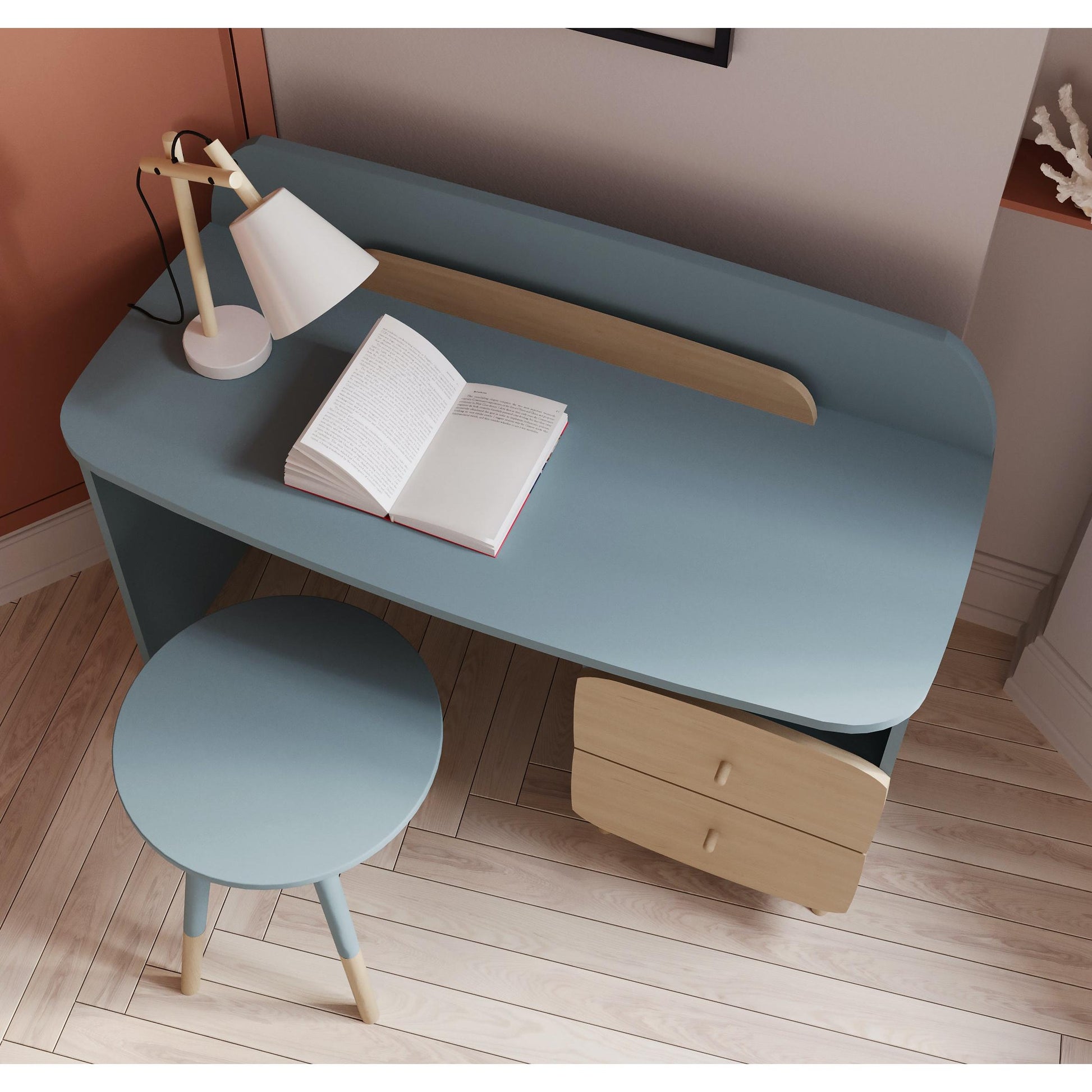 Poppy 2 Drawer Study Desk for Kids- Blue & Oak - FurniComp