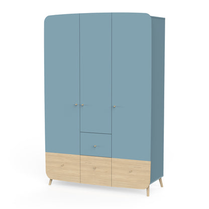 Poppy 3 Door 4 Drawer Kids Wardrobe- Blue & Oak - FurniComp