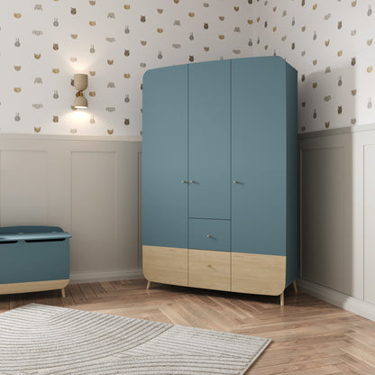 Poppy 3 Door 4 Drawer Kids Wardrobe- Blue & Oak - FurniComp