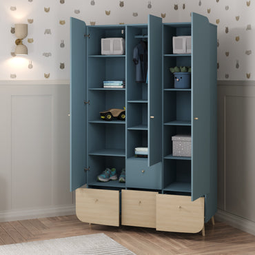 Poppy 3 Door 4 Drawer Kids Wardrobe- Blue & Oak - FurniComp