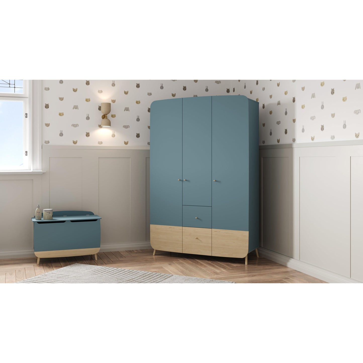 Poppy 3 Door 4 Drawer Kids Wardrobe- Blue & Oak - FurniComp