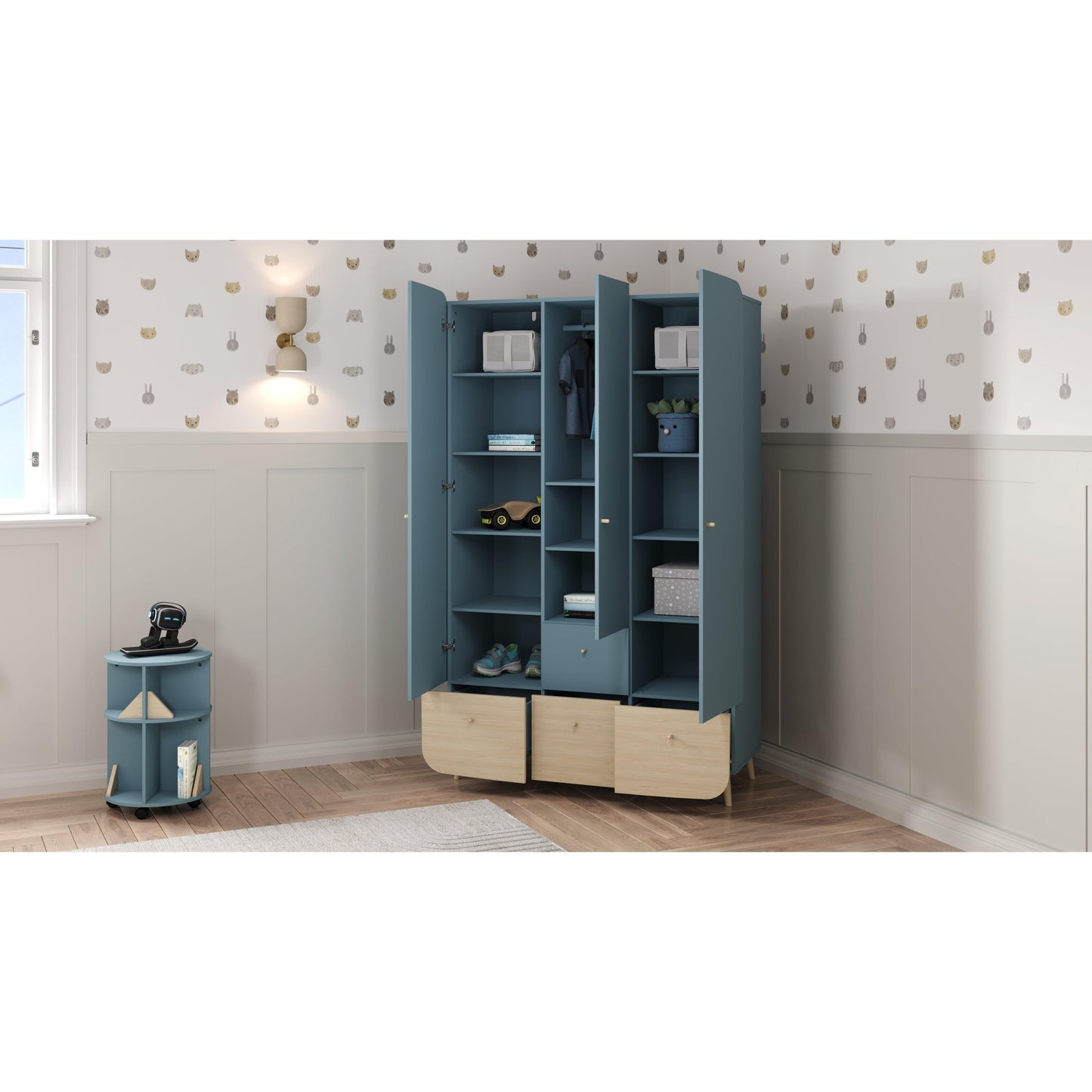 Poppy 3 Door 4 Drawer Kids Wardrobe- Blue & Oak - FurniComp