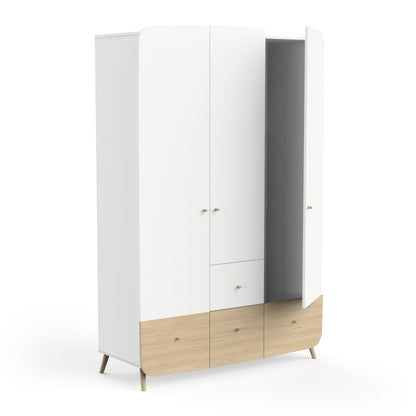 Poppy 3 Door 4 Drawer Kids Wardrobe- Matt White & Oak - FurniComp