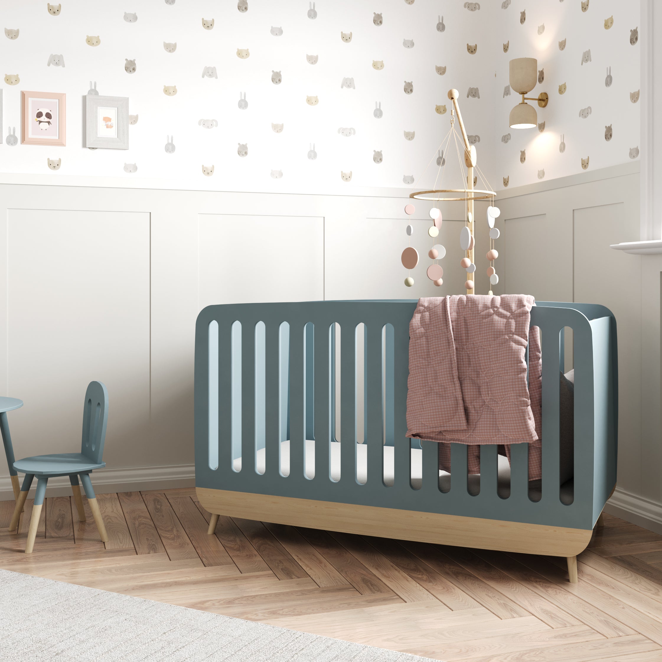 Poppy 70x140cm Convertible Baby Cot Bed - Blue & Oak - FurniComp