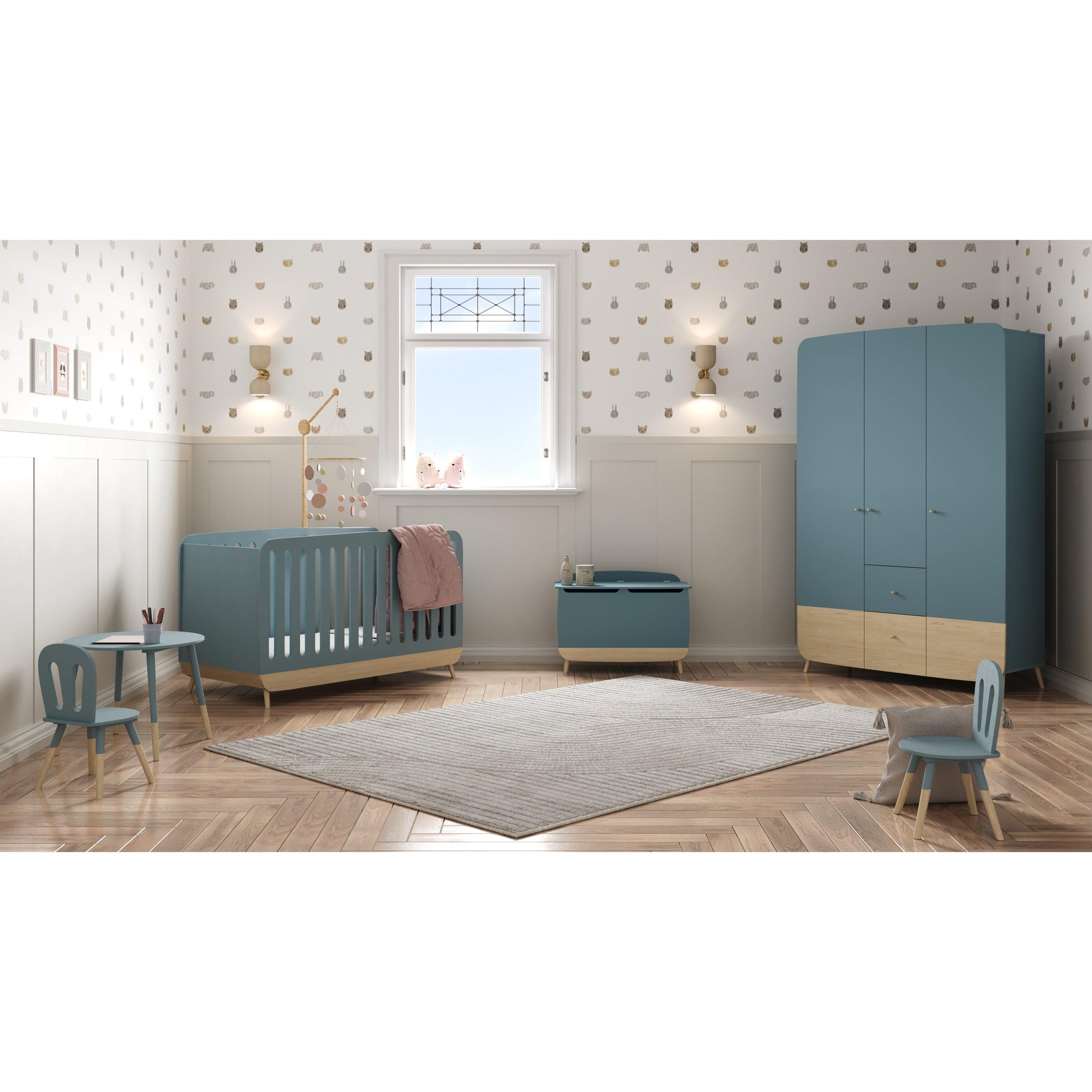 Poppy 3 Door 4 Drawer Kids Wardrobe- Blue & Oak - FurniComp