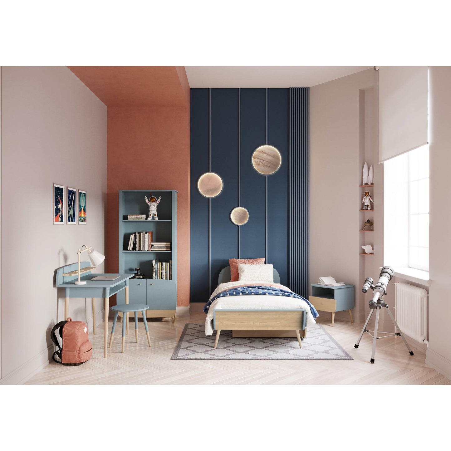 Poppy Study Desk With Hutch For Kids- Blue & Oak - FurniComp