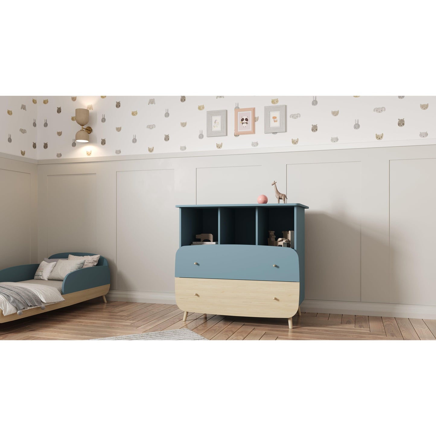 Poppy 70x140cm Toddler Bed- Blue & Oak - FurniComp