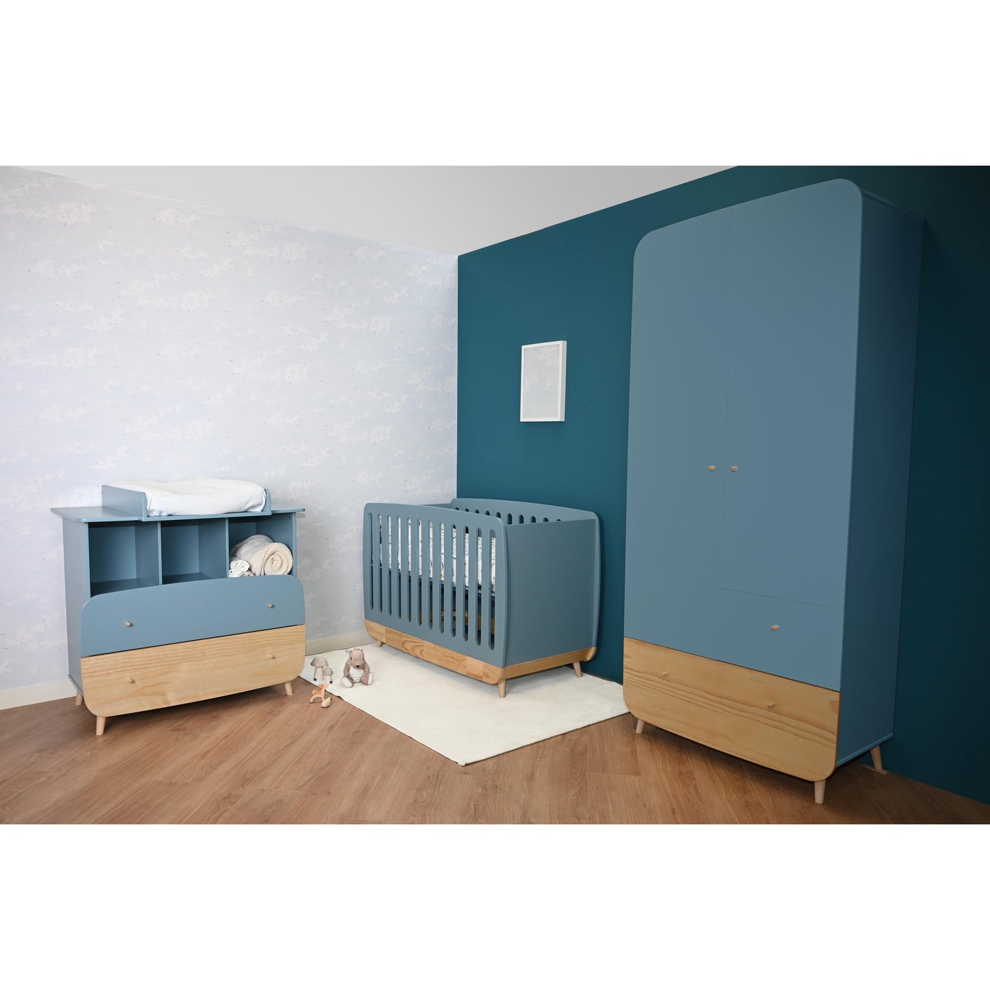 Poppy 70x140cm Convertible Cot Bed + Conversion Kit- Blue & Oak - FurniComp