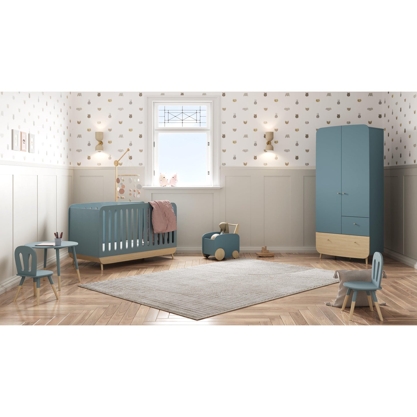 Poppy 70x140cm Convertible Baby Cot Bed - Blue & Oak - FurniComp