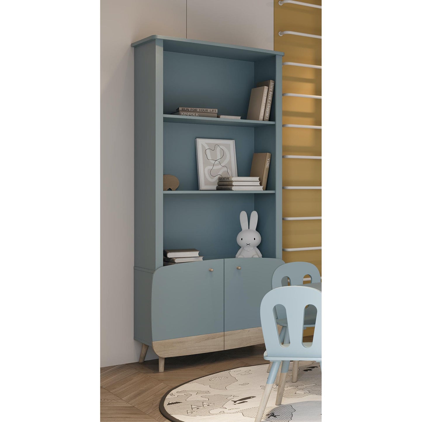 Poppy 2 Door Tall Kids Bookcase- Blue & Oak - FurniComp