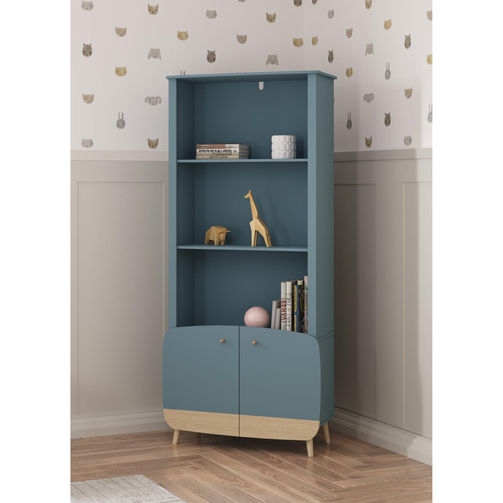 Poppy 2 Door Tall Kids Bookcase- Blue & Oak - FurniComp