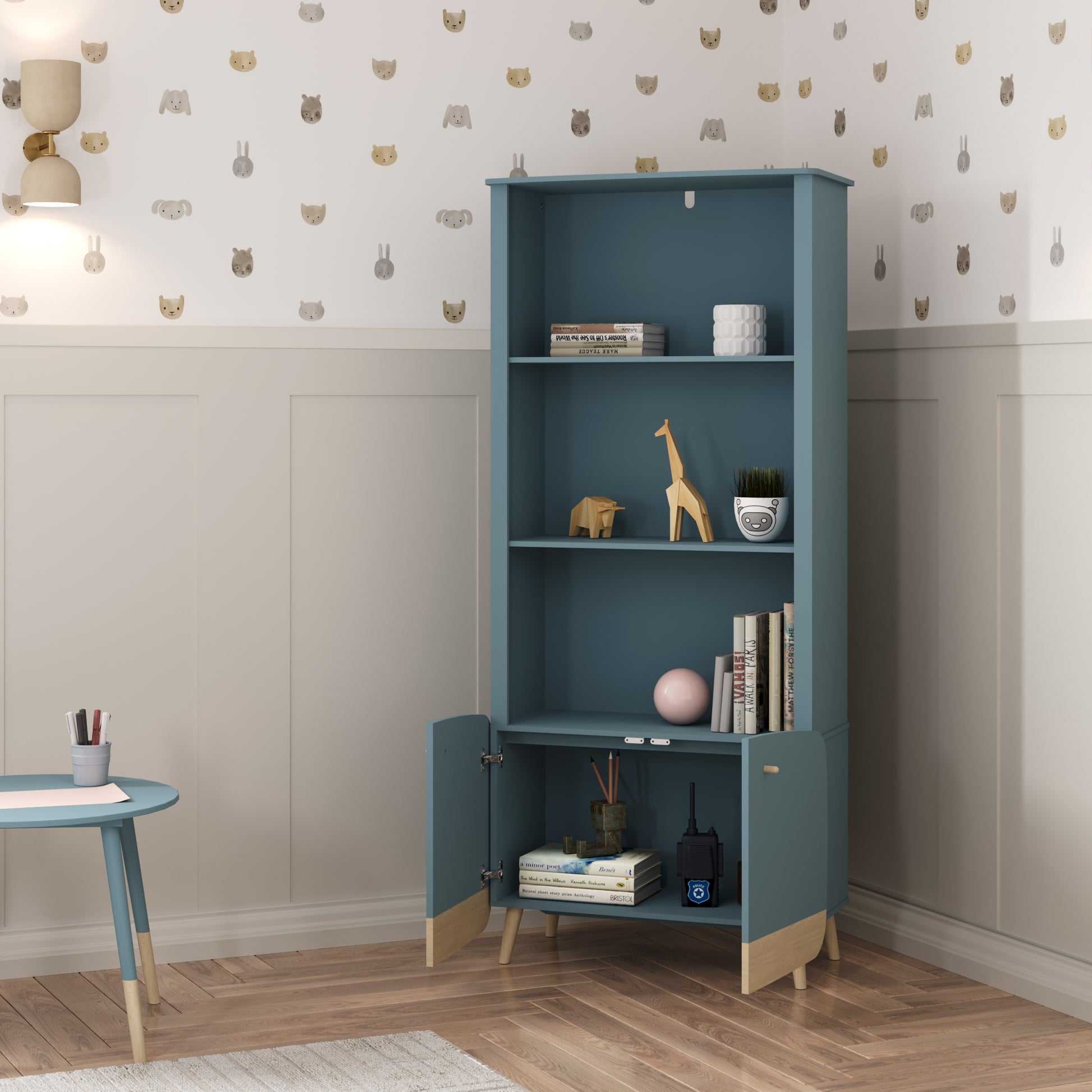 Poppy 2 Door Tall Kids Bookcase- Blue & Oak - FurniComp