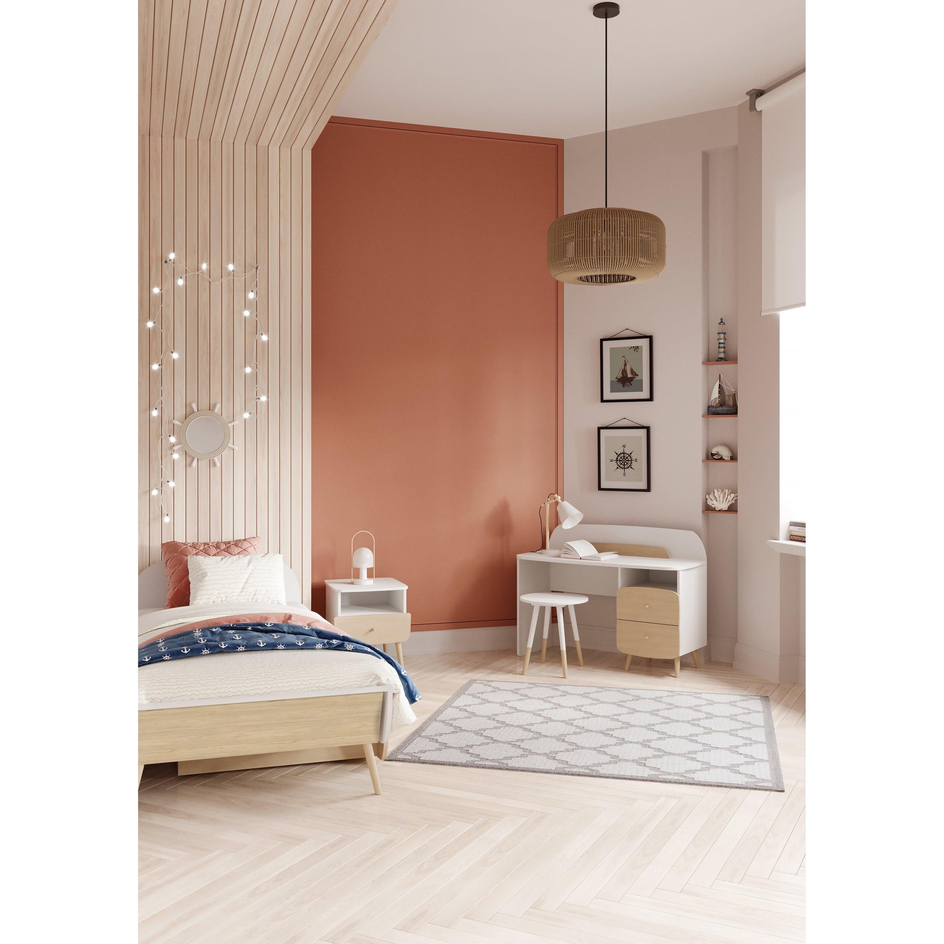 Poppy 90x200cm Junior Bed- Matt White & Oak - FurniComp