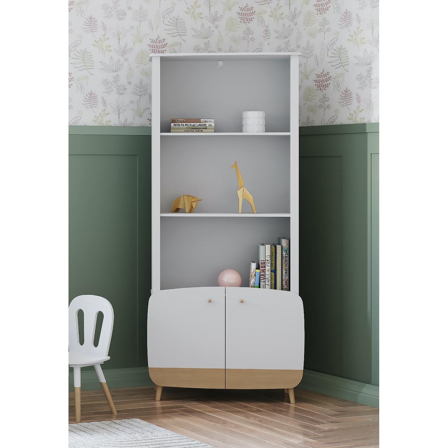 Poppy 2 Door Tall Kids Bookcase- Matt White & Oak - FurniComp