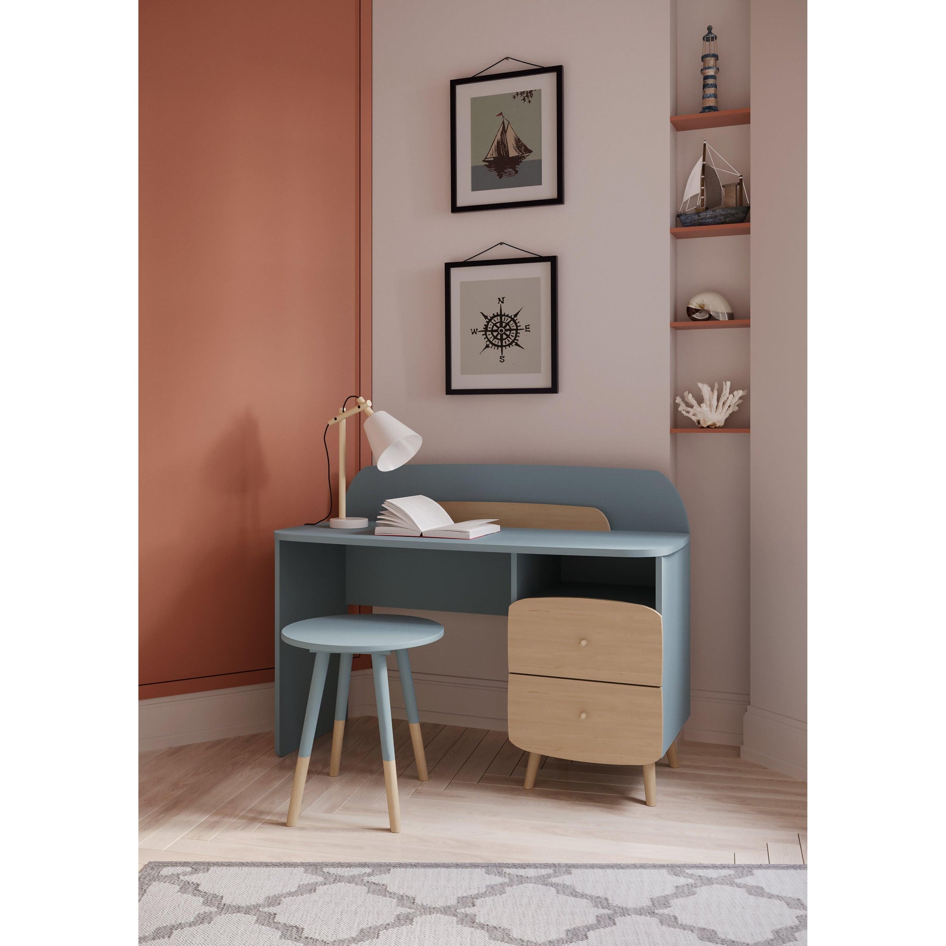 Poppy 2 Drawer Study Desk for Kids- Blue & Oak - FurniComp