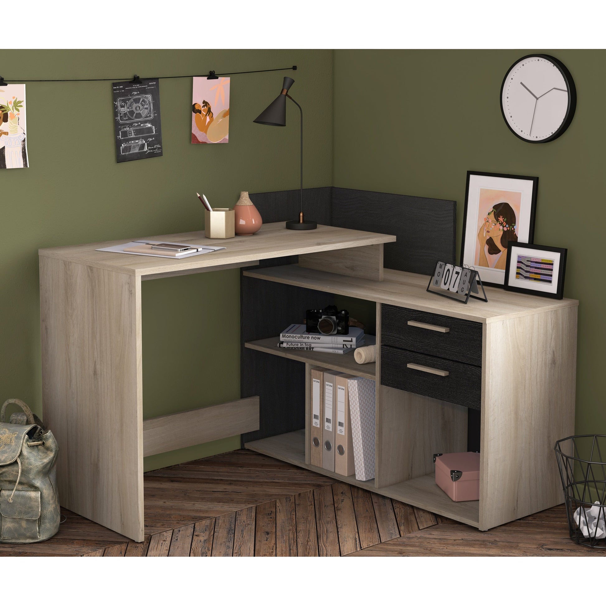 Porto Black and Oak Large L-Shaped Reversible Corner Desk with Drawers - FurniComp