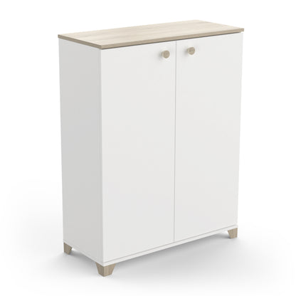 Prague 2 Door 80cm Matt White and Oak Tall Sideboard/Highboard - FurniComp