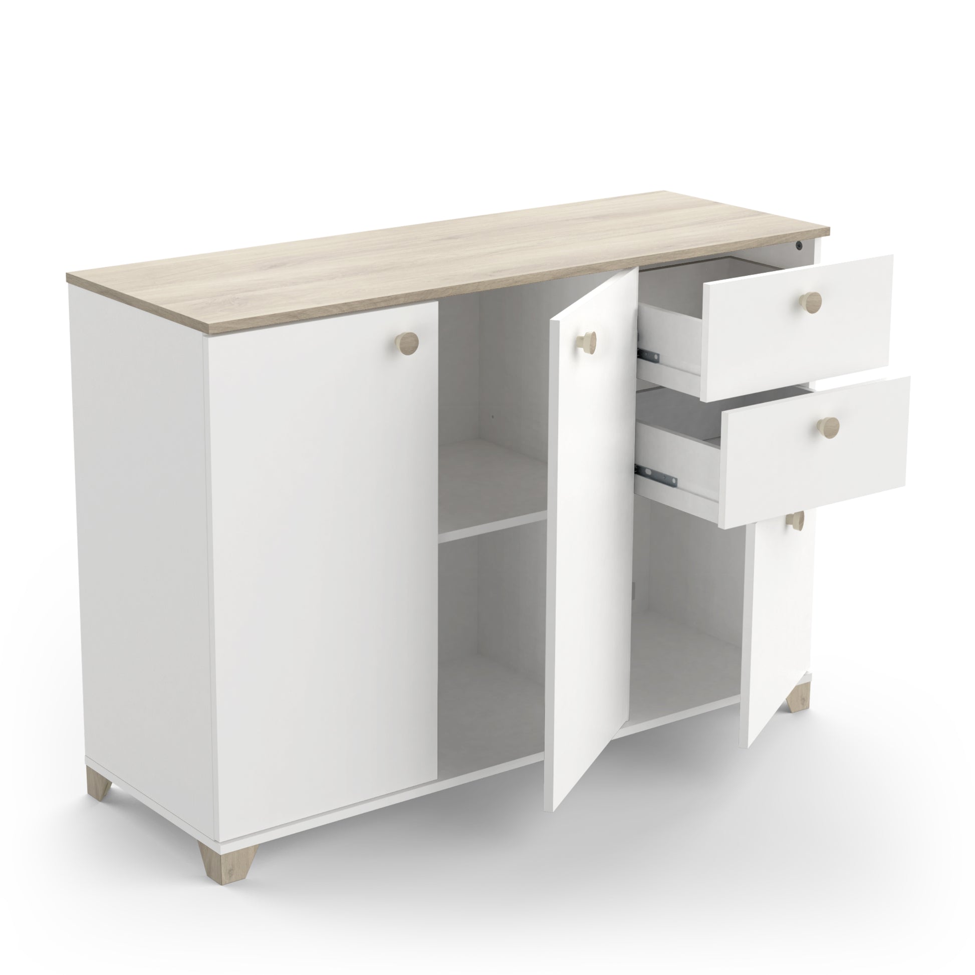 Prague 3 Door 2 Drawer 120cm Matt White and Oak Sideboard - FurniComp