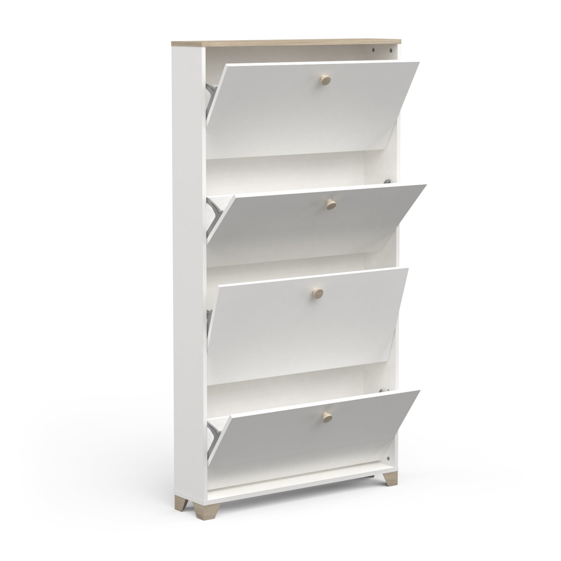 Prague 4 Door Matt White and Oak Shoe Cabinet - FurniComp