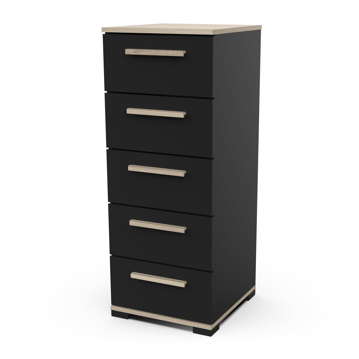 Prague 5 Drawer Matt Black and Oak Tall Chest of Drawers - FurniComp