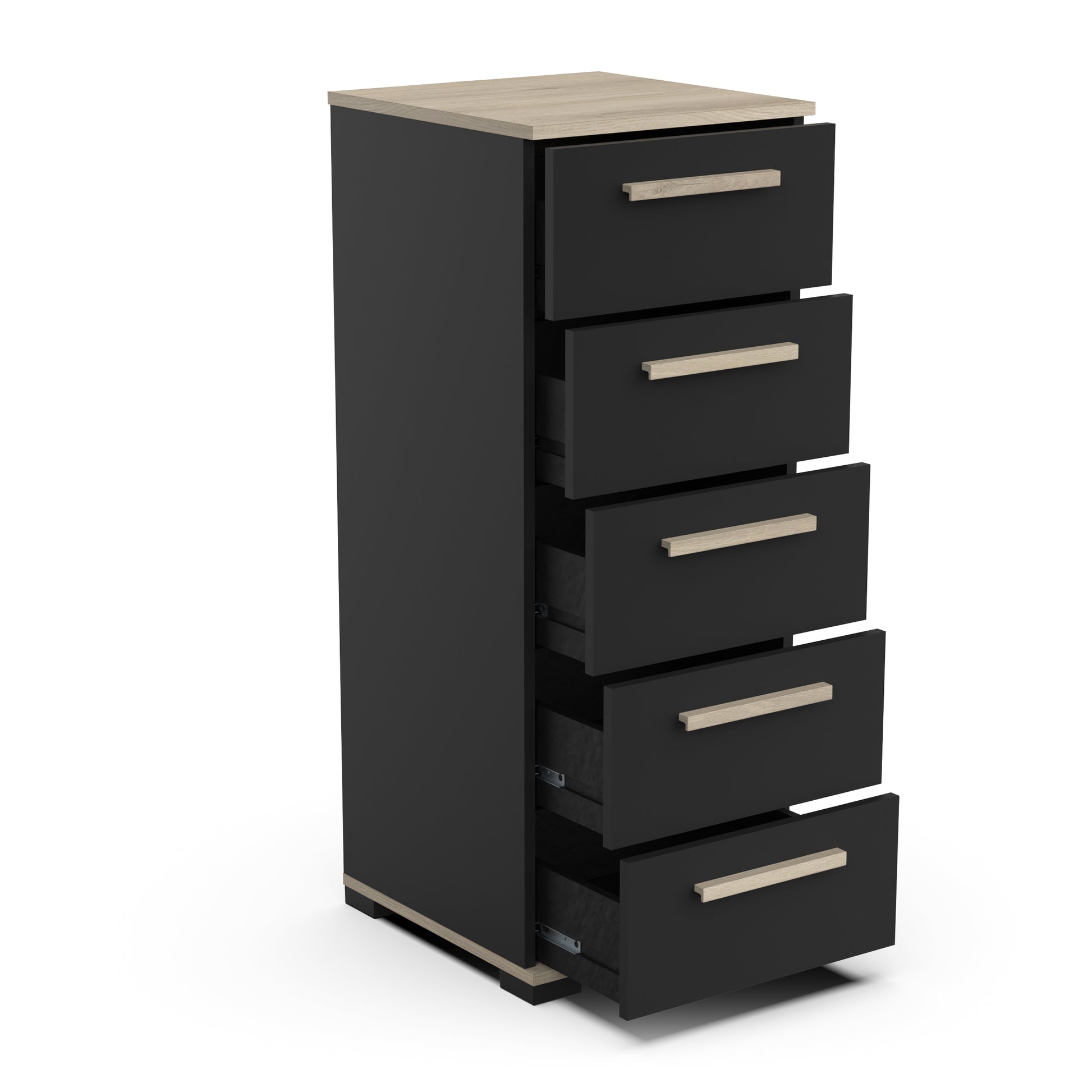 Prague 5 Drawer Matt Black and Oak Tall Chest of Drawers - FurniComp