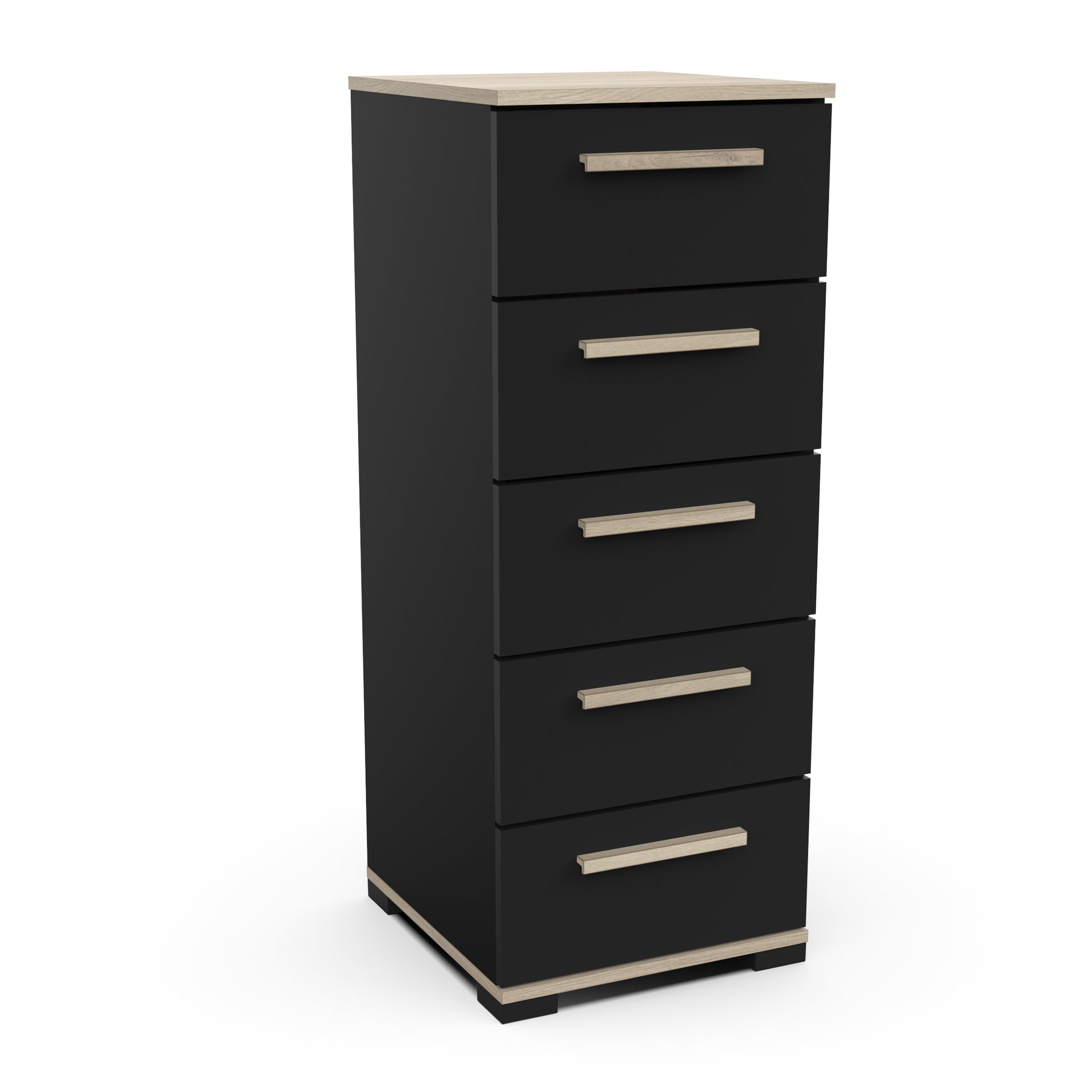 Prague 5 Drawer Matt Black and Oak Tall Chest of Drawers - FurniComp