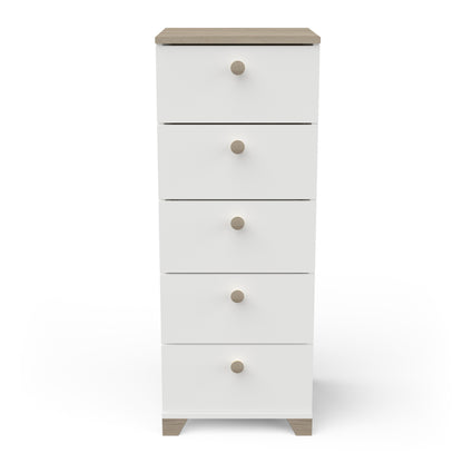 Prague 5 Drawer Matt White and Oak Tall Chest of Drawers - FurniComp