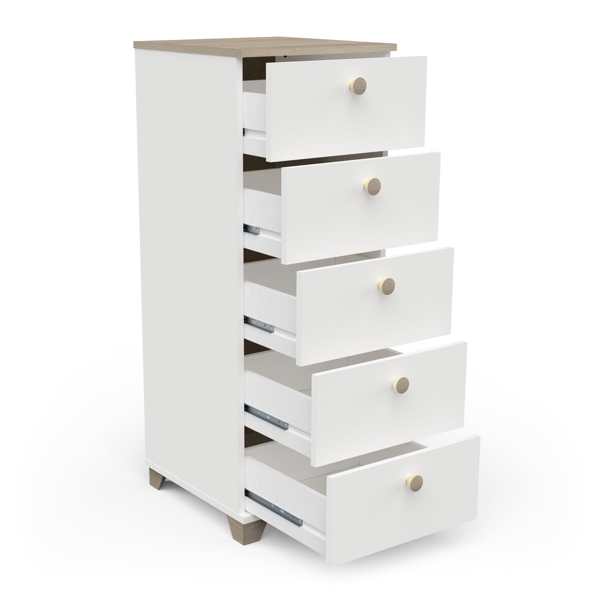 Prague 5 Drawer Matt White and Oak Tall Chest of Drawers - FurniComp