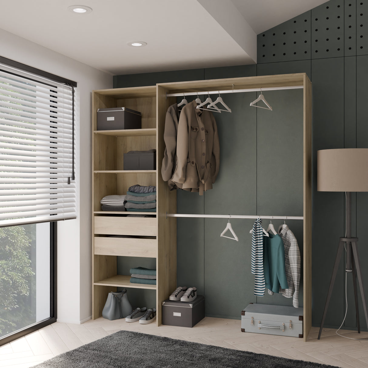 Quinn 2 Drawer Open Wardrobe with Shelves and Rail - Kronberg Oak - FurniComp