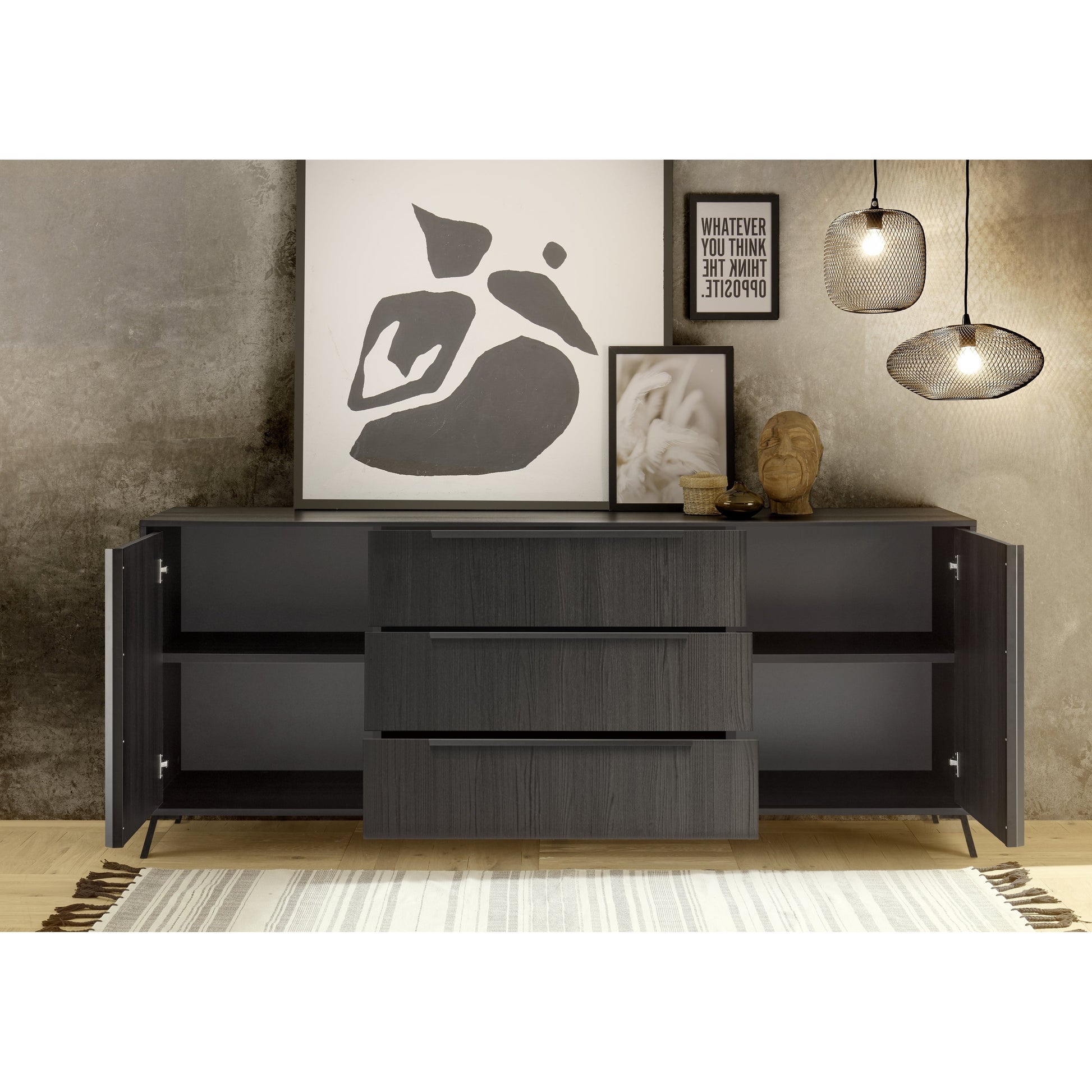 Ravenna 2 Door 3 Drawer 205cm Black Oak Large Sideboard - FurniComp