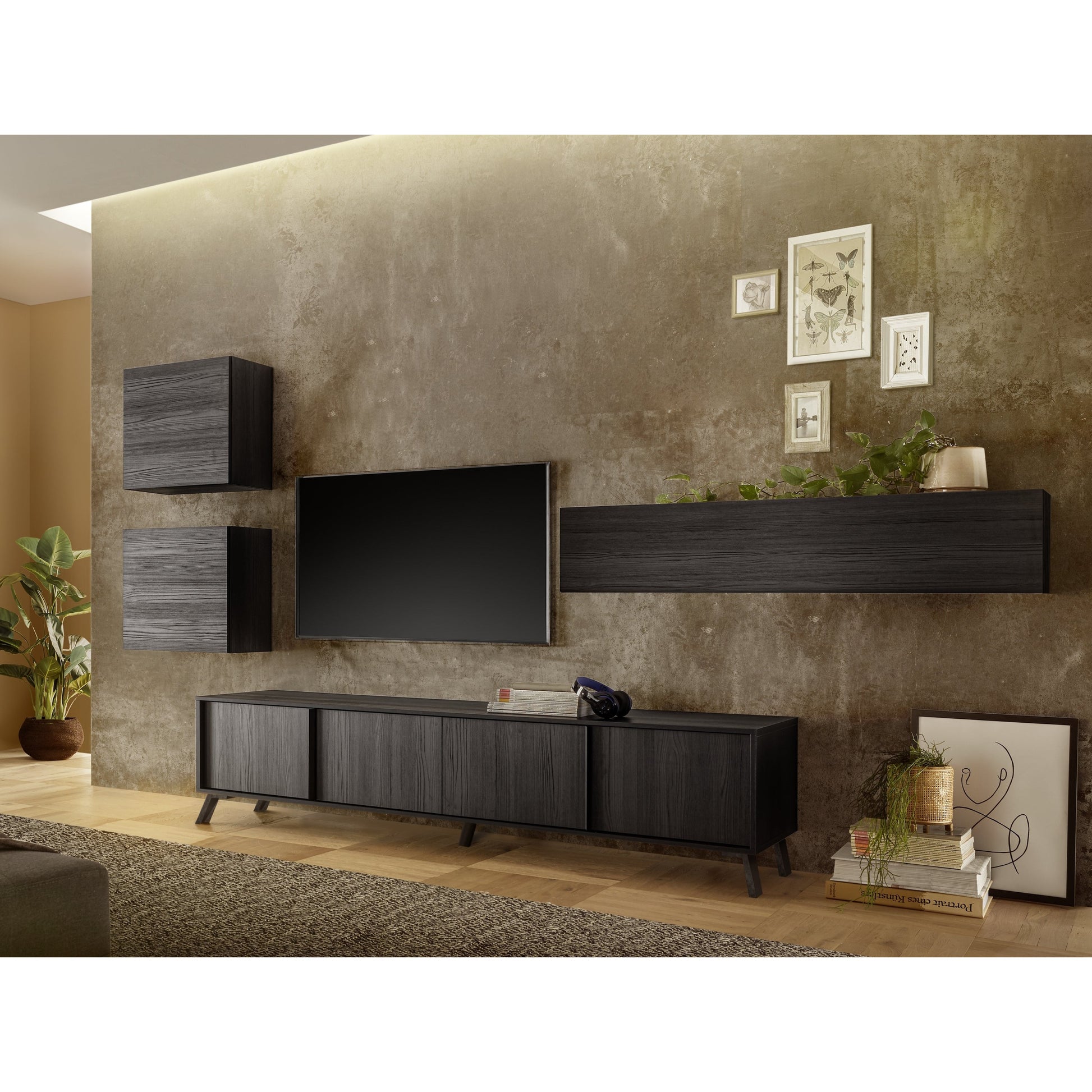 Ravenna 4 Door 205cm Black Oak Large TV Stand - FurniComp