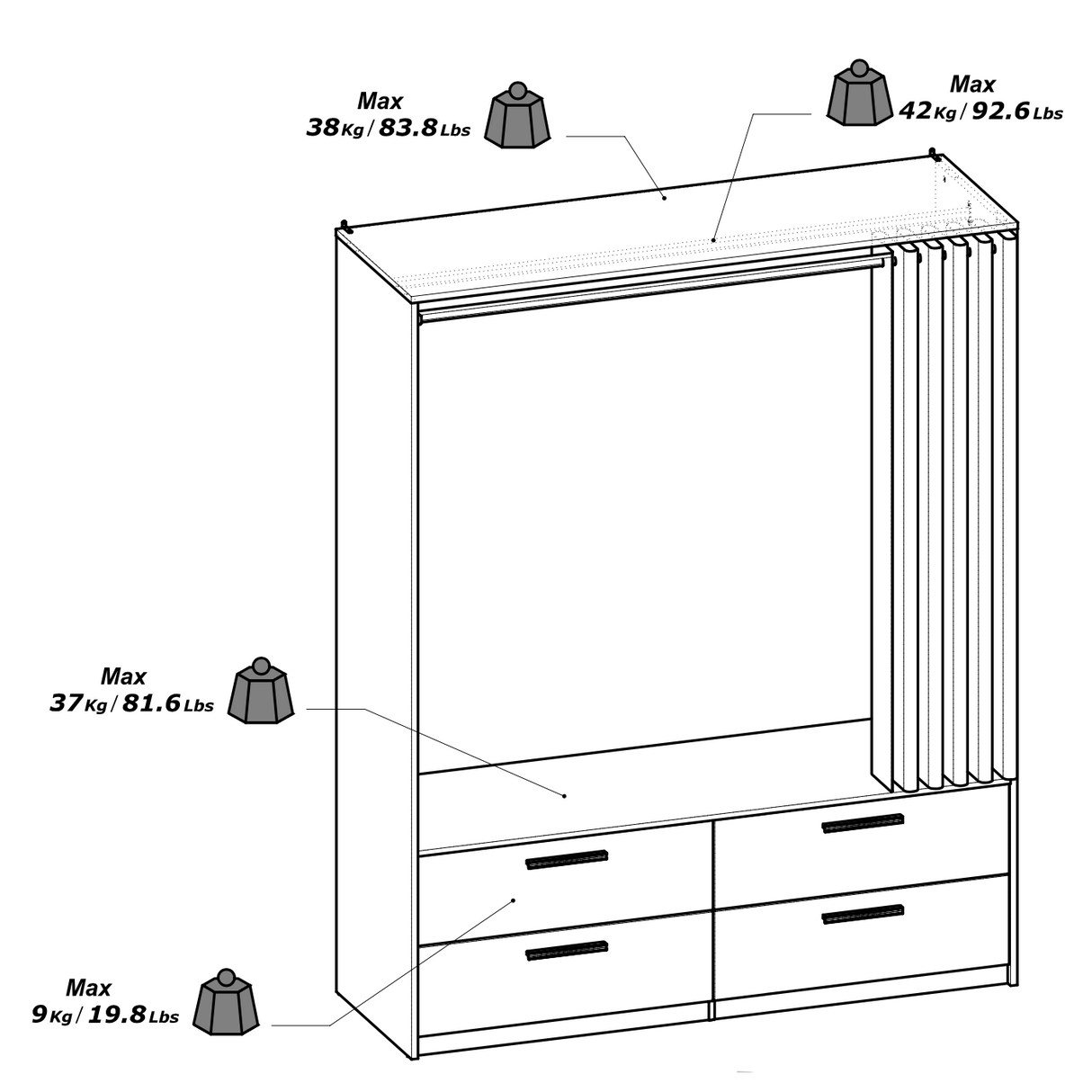 Reed 4 Drawer Open Wardrobe with Rail & Textile Curtain - Matt White & Hamilton Oak - FurniComp