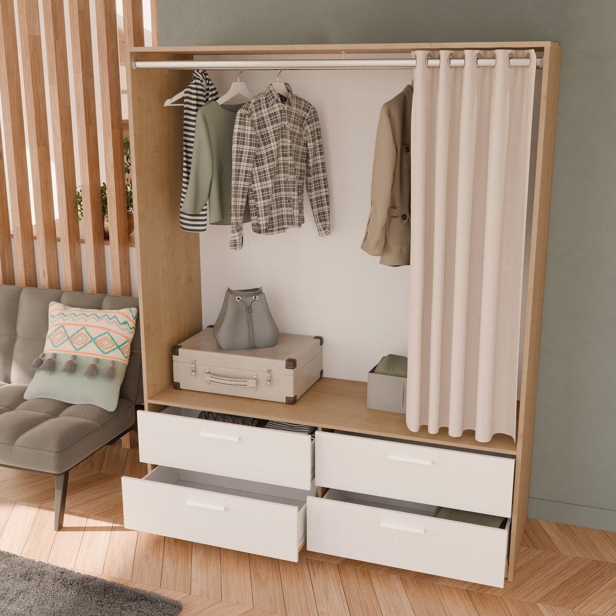 Reed 4 Drawer Open Wardrobe with Rail & Textile Curtain - Matt White & Hamilton Oak - FurniComp