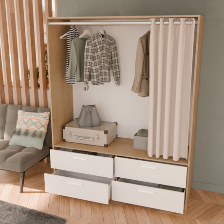 Reed 4 Drawer Open Wardrobe with Rail & Textile Curtain - Matt White & Hamilton Oak - FurniComp