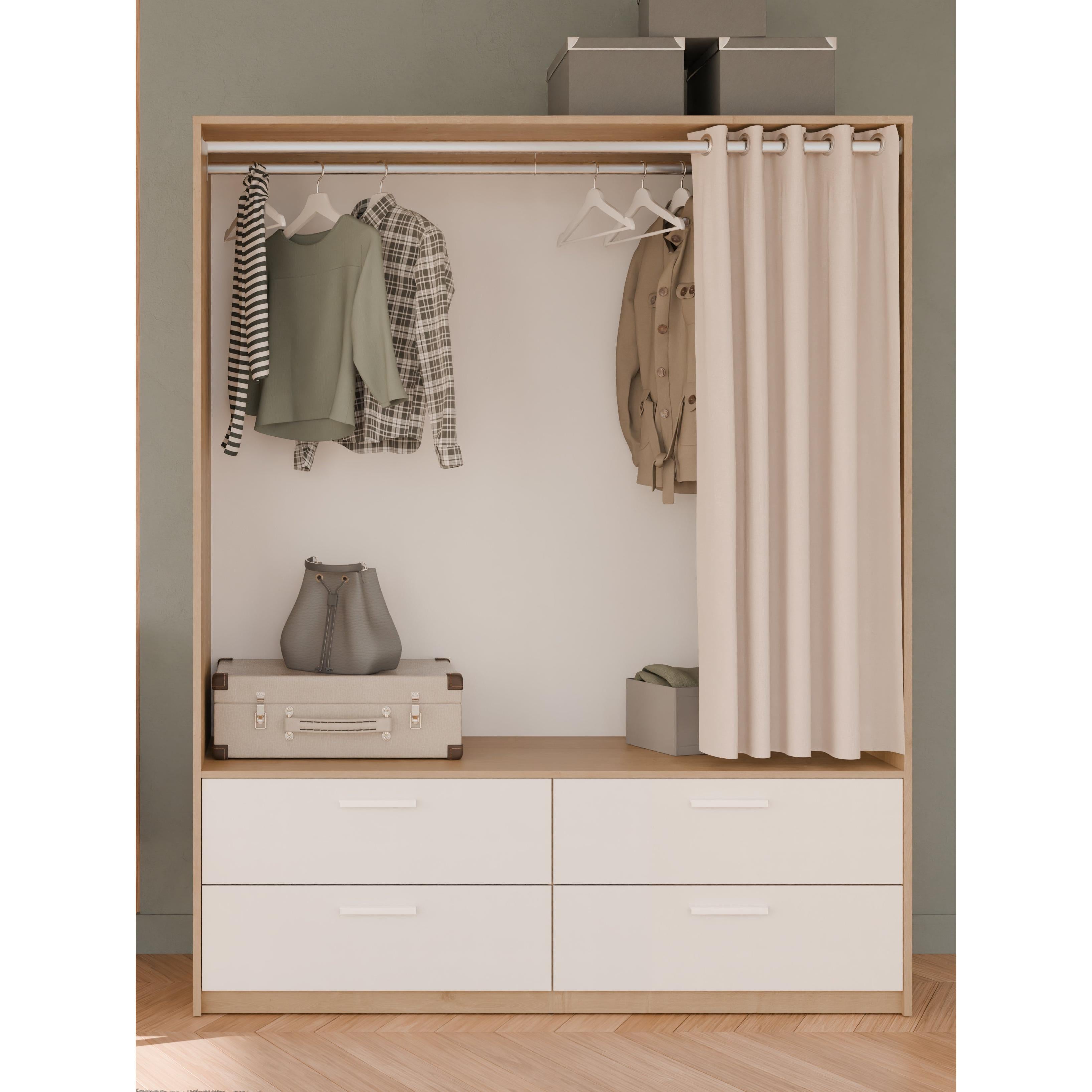 Reed 4 Drawer Open Wardrobe with Rail & Textile Curtain - Matt White & Hamilton Oak - FurniComp