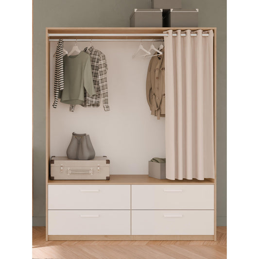 Reed 4 Drawer Open Wardrobe with Rail & Textile Curtain - Matt White & Hamilton Oak - FurniComp