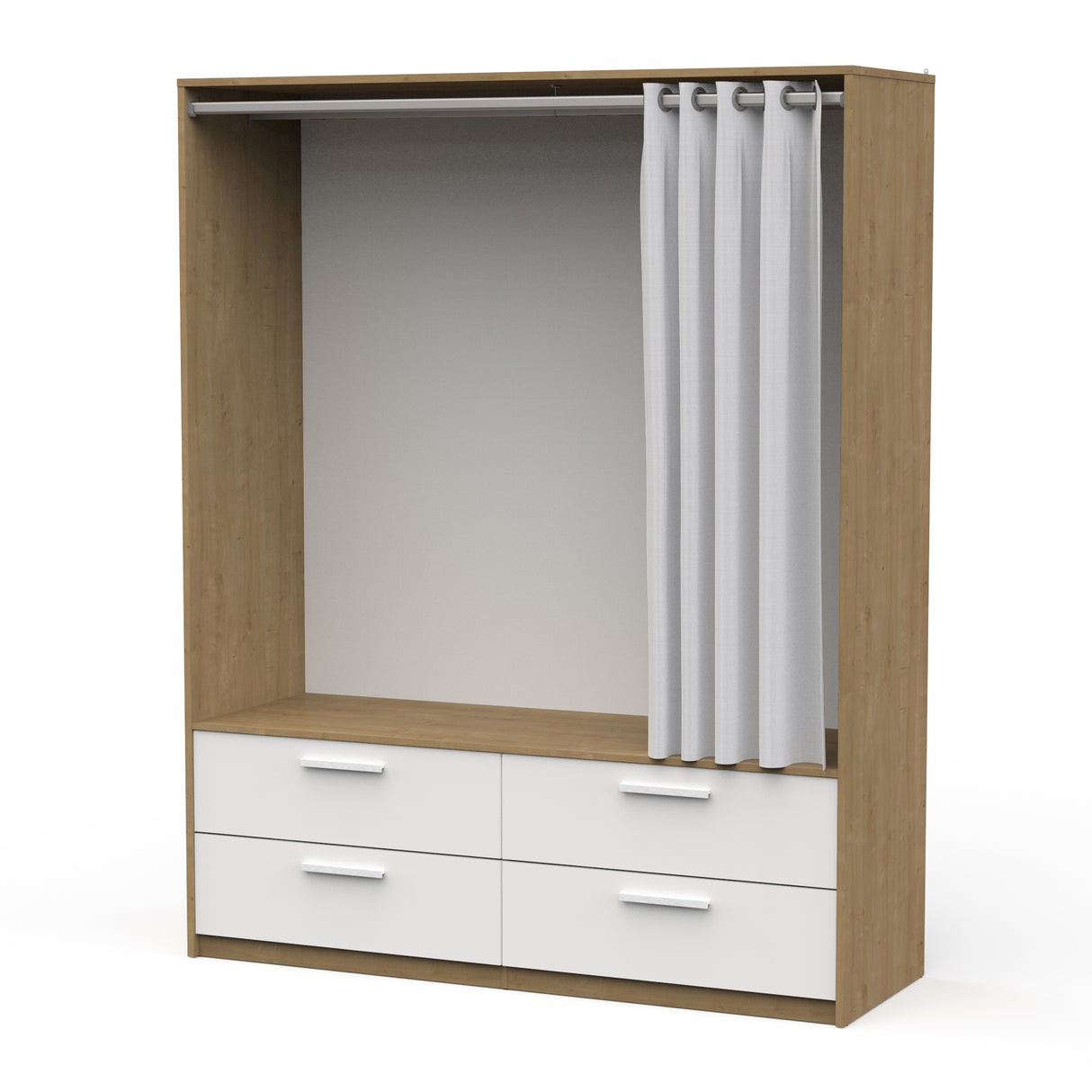 Reed 4 Drawer Open Wardrobe with Rail & Textile Curtain - Matt White & Hamilton Oak - FurniComp