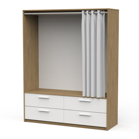 Reed 4 Drawer Open Wardrobe with Rail & Textile Curtain - Matt White & Hamilton Oak - FurniComp