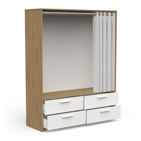 Reed 4 Drawer Open Wardrobe with Rail & Textile Curtain - Matt White & Hamilton Oak - FurniComp