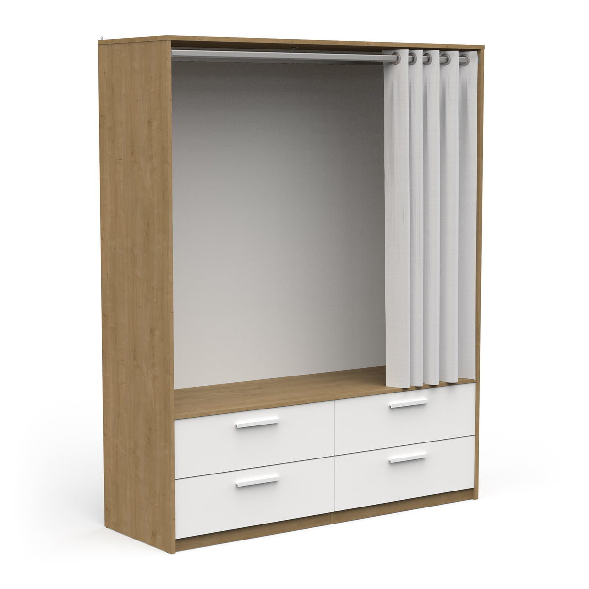 Reed 4 Drawer Open Wardrobe with Rail & Textile Curtain - Matt White & Hamilton Oak - FurniComp