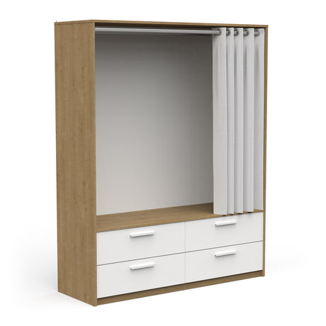 Reed 4 Drawer Open Wardrobe with Rail & Textile Curtain - Matt White & Hamilton Oak - FurniComp
