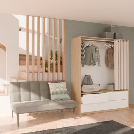 Reed 4 Drawer Open Wardrobe with Rail & Textile Curtain - Matt White & Hamilton Oak - FurniComp