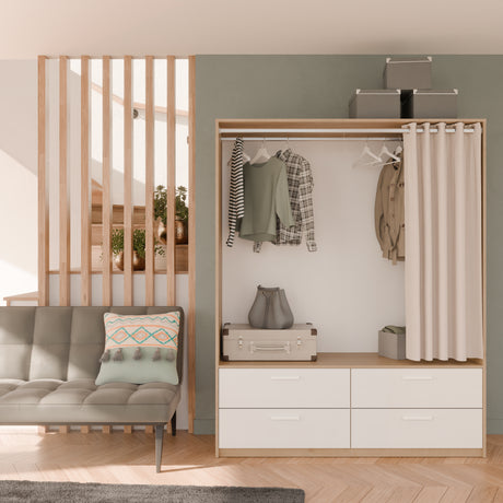 Reed 4 Drawer Open Wardrobe with Rail & Textile Curtain - Matt White & Hamilton Oak - FurniComp