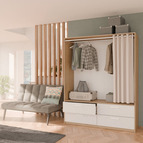 Reed 4 Drawer Open Wardrobe with Rail & Textile Curtain - Matt White & Hamilton Oak - FurniComp