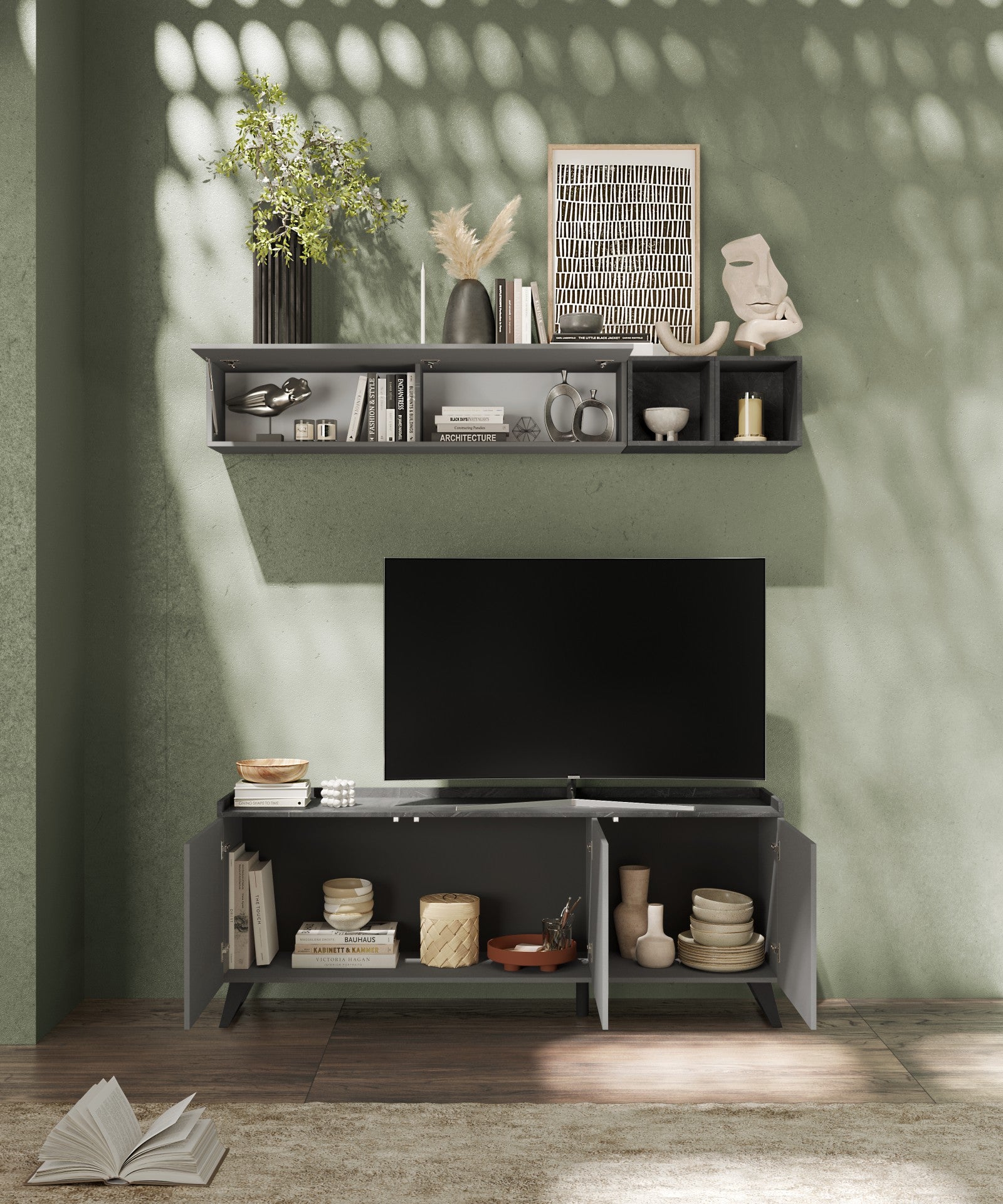 Renato 3 Door Lead and Slate Grey TV Stand - FurniComp