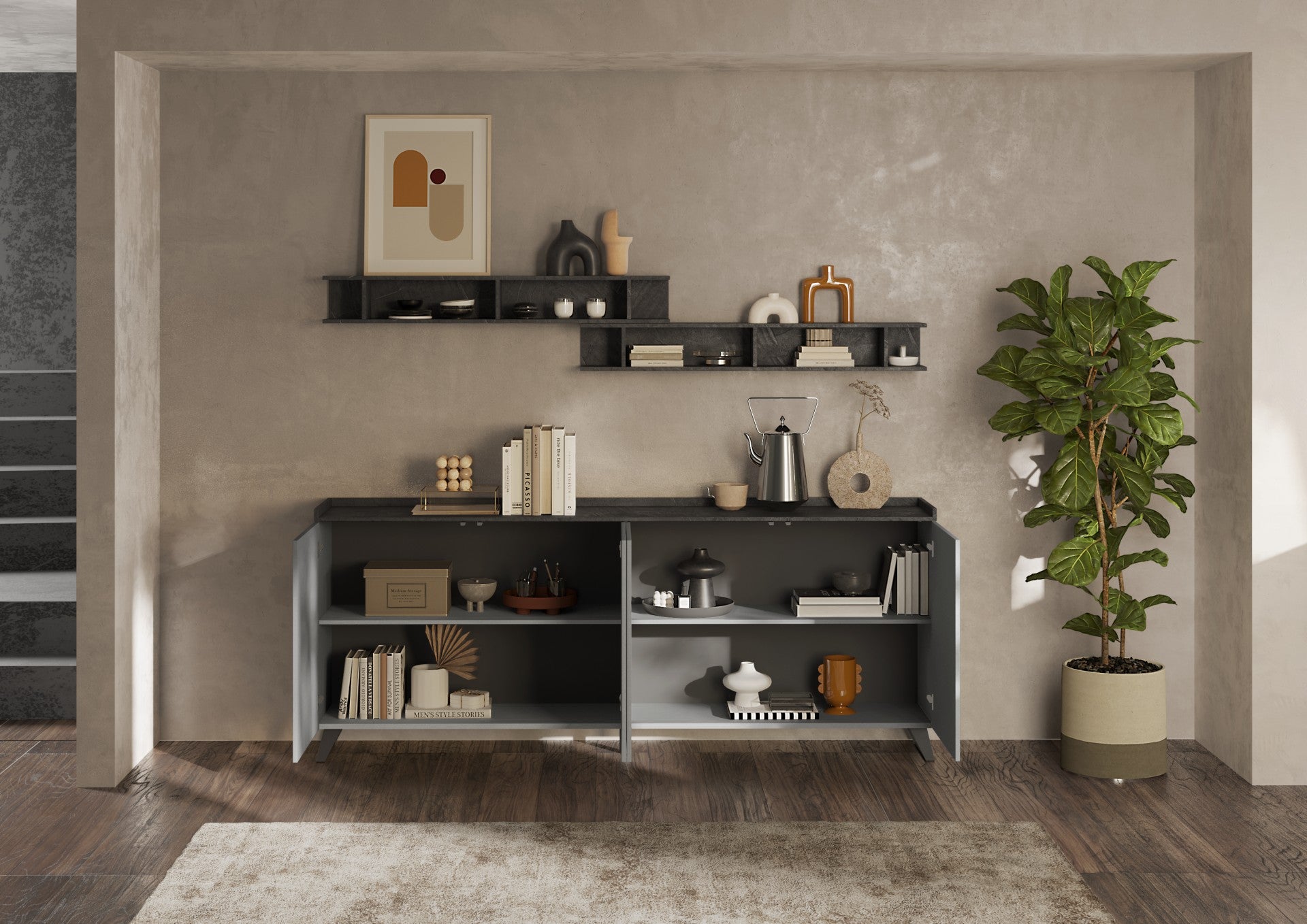 Renato 4 Door Lead and Slate Grey Sideboard - FurniComp