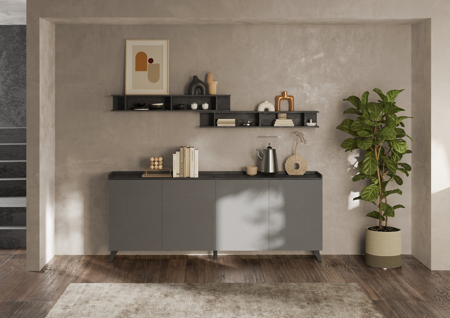 Renato 4 Door Lead and Slate Grey Sideboard - FurniComp