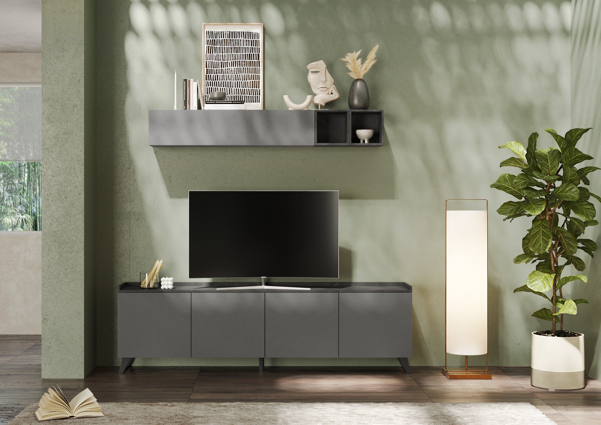 Renato 4 Door Lead and Slate Grey Large TV Stand - FurniComp